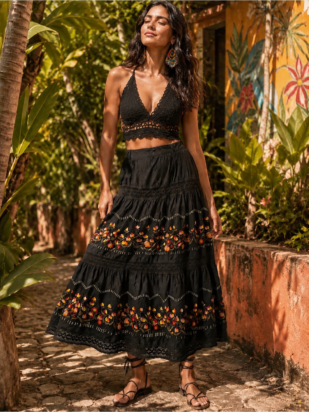 Anthro Femme Black Floral Embroidered Full Maxi Skirt Crochet Lace Trim Lined 14